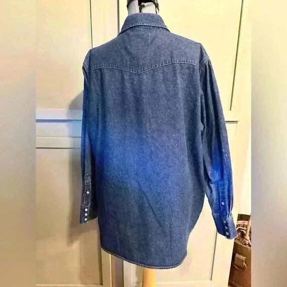 Cowboy Work Wear Denim Pearl Snap Shirt Men Size XXL Blue Long Sleeve PATCHES - Picture 2 of 8